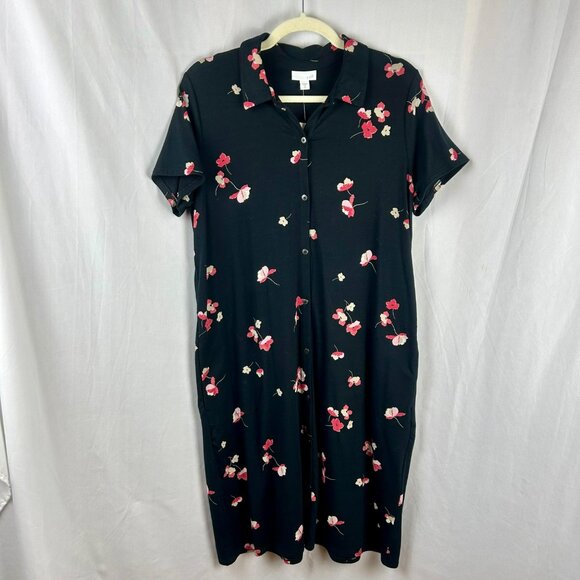 NEW J Jill Floral‎ Shirt Dress Women Medium Tall Black Pima Cotton Knee Length - Picture 3 of 10